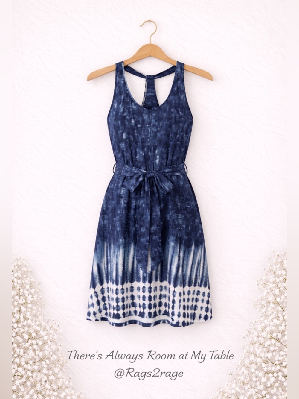 Patagonia Tie Dye Dress Large Blue Organic Cotton Belted